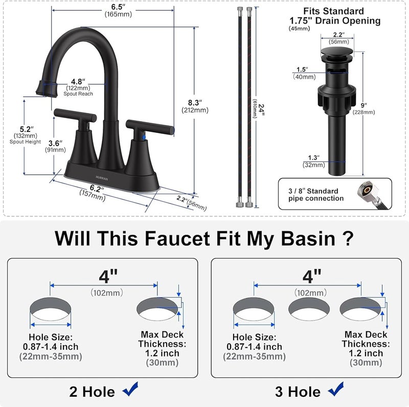 Hurran Bathroom Faucets for Sink 3 Hole, 4 inch Matte Black Bathroom Sink Faucet with Pop-up Drain and 2 Supply Hoses, Stainless Steel Lead-Free Centerset Faucet for Vanity RV, 2 Pack - Image 5